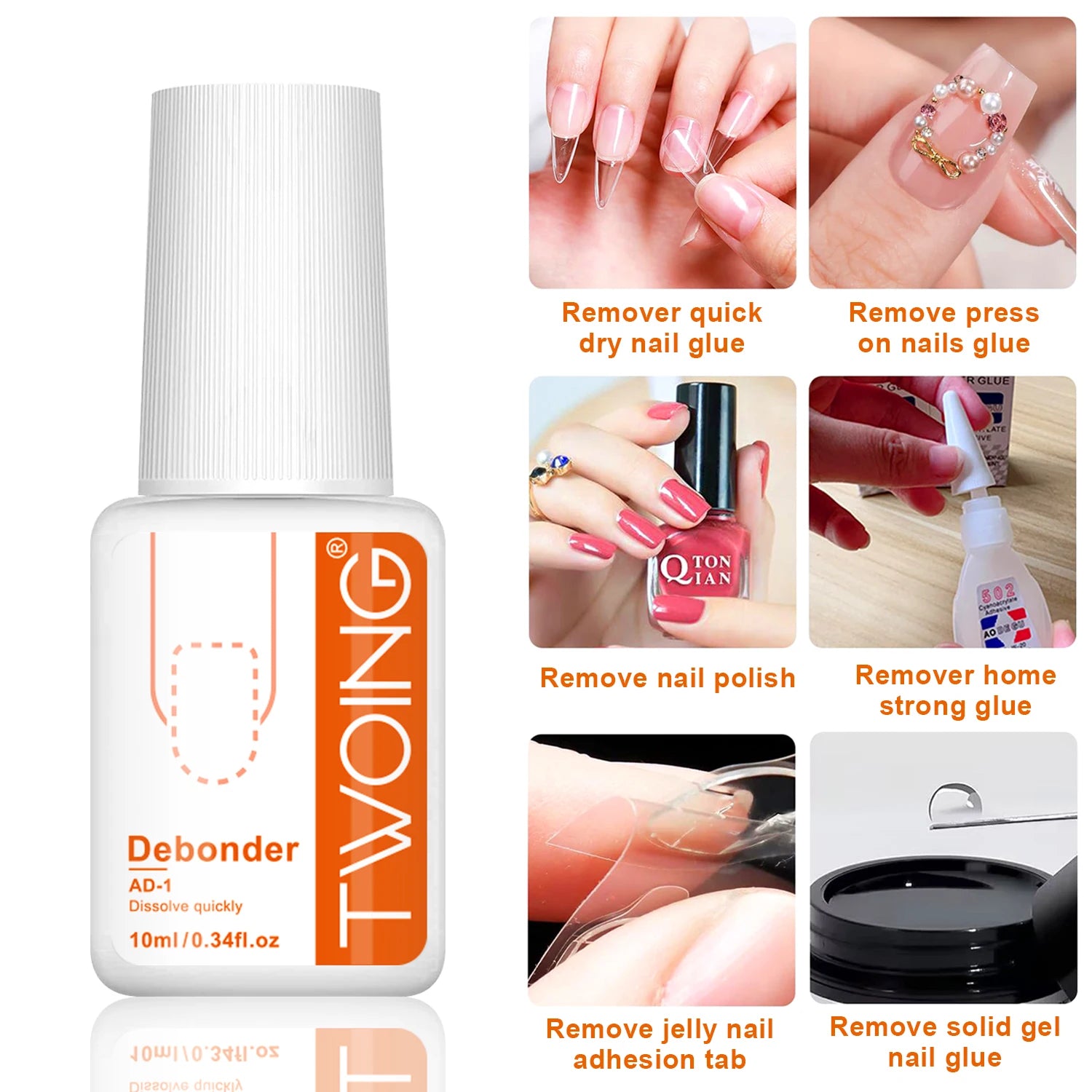 TwoInQ debonder bottle with usage instructions on a white background