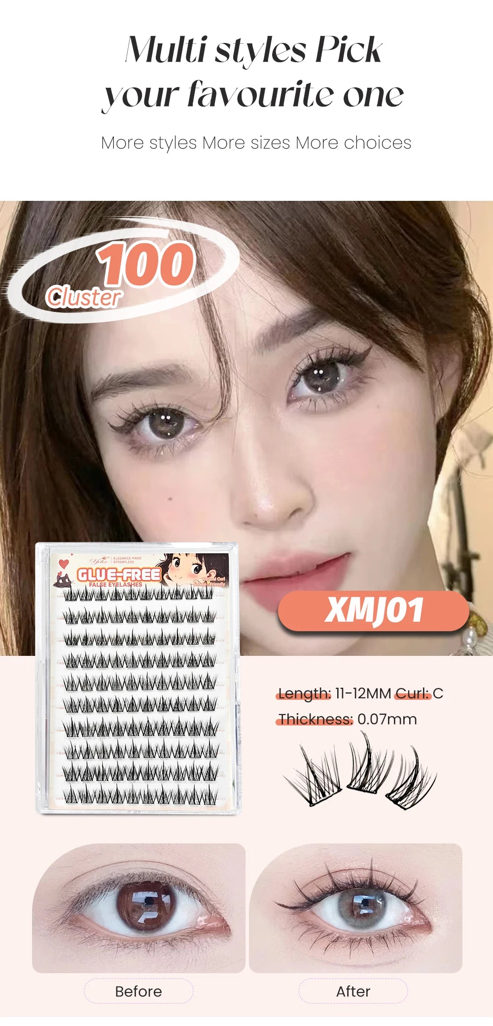 Yelix Self Adhesive Korean Manga Style Cluster Lashes 10 Row Natural Soft