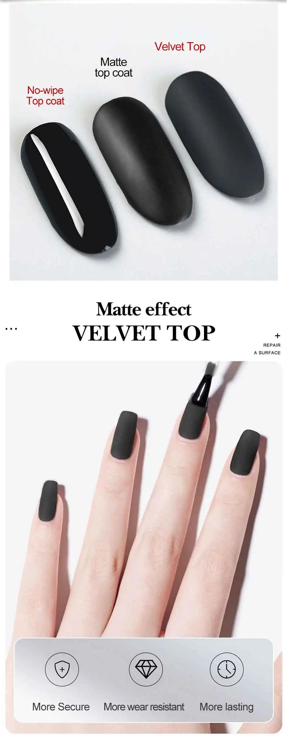 Nail polish with matte and velvet top coats on nails and text indicating effects.