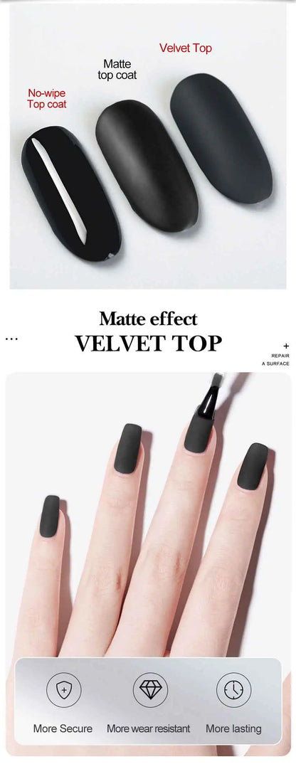 Nail polish with matte and velvet top coats on nails and text indicating effects.