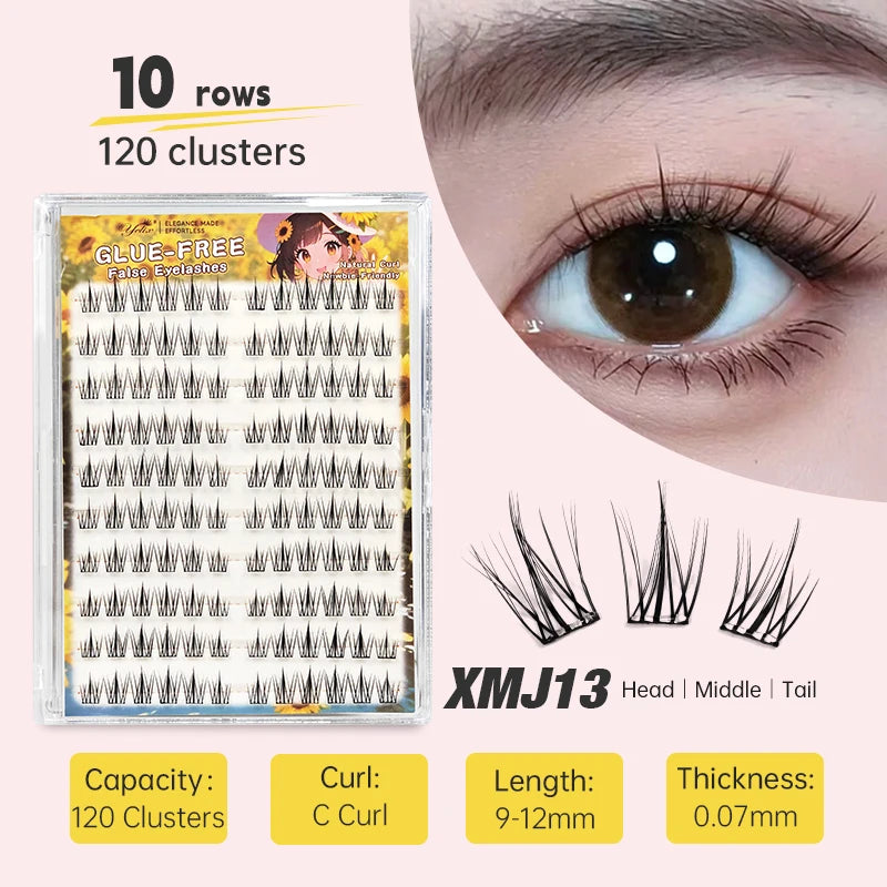Yelix Self Adhesive Korean Manga Style Cluster Lashes 10 Row Natural Soft