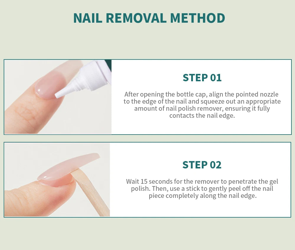 Instructions for nail removal method with text and images of a hand applying nail polish remover.