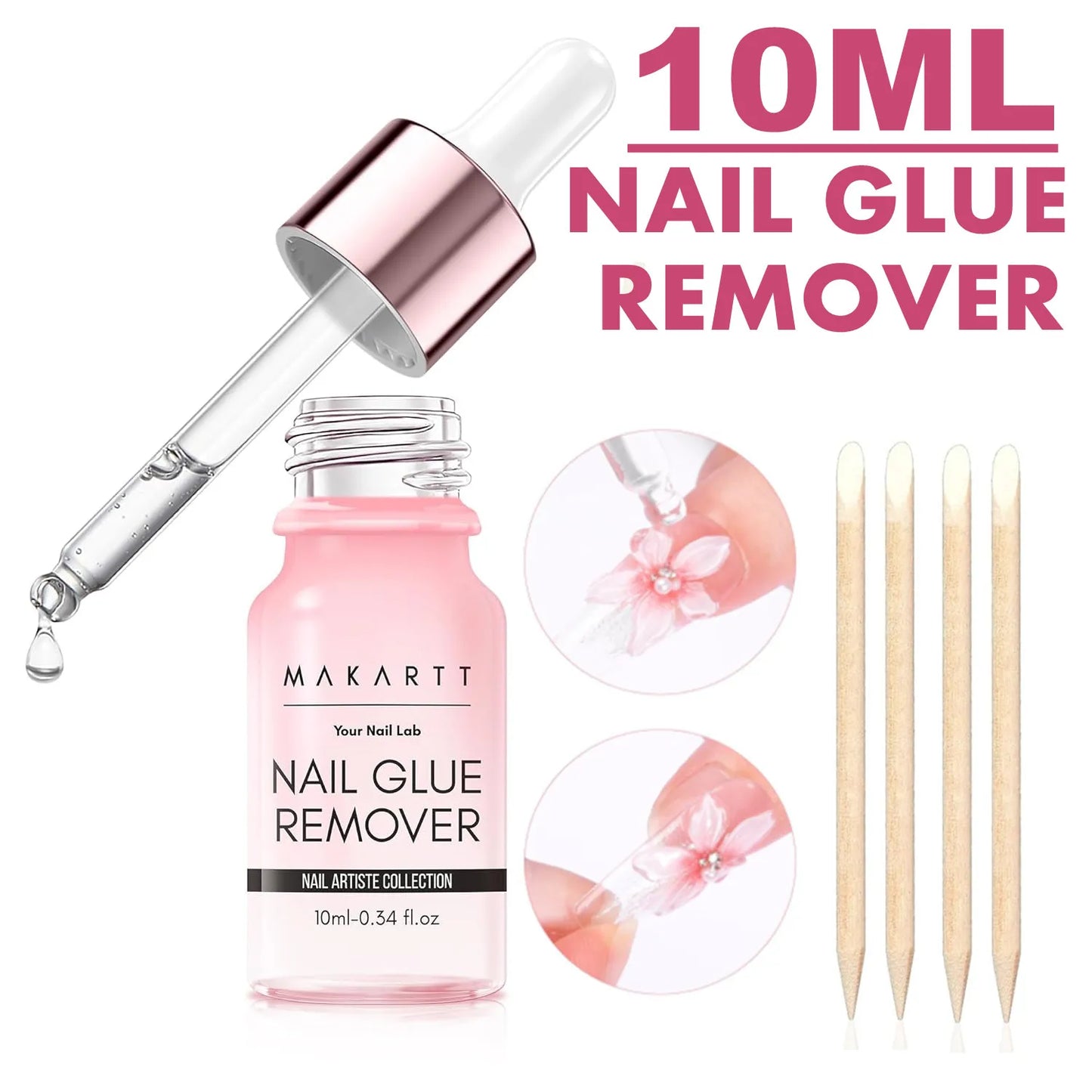 Makartt nail glue remover with dropper, bottle, and applicators on a white background
