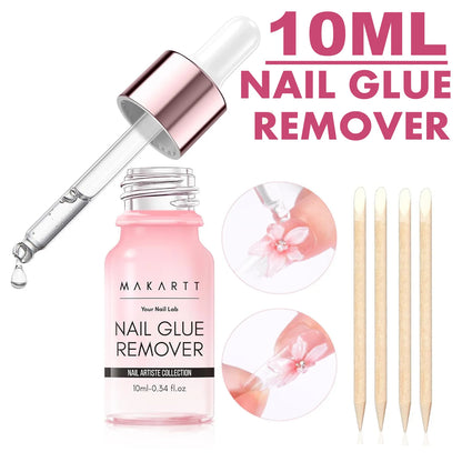Makartt nail glue remover with dropper, bottle, and applicators on a white background
