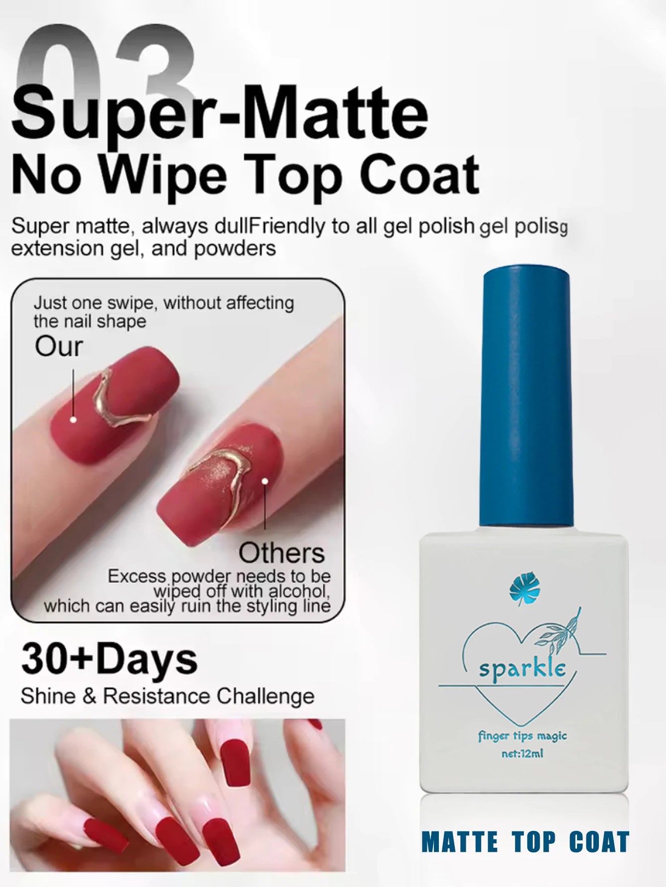 Super-matte no-wipe top coat with nail application and product bottle on a white background