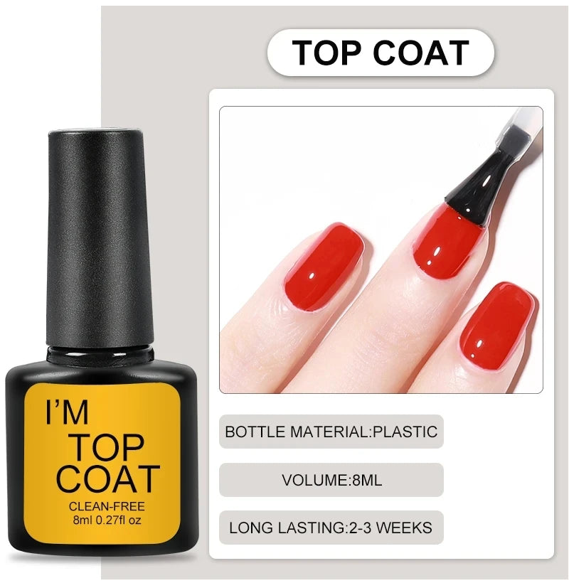 Nail polish bottle labeled 'I'm Top Coat' with a close-up of red nails with black top coats.