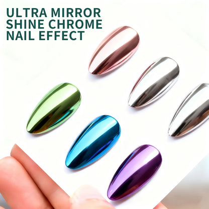 Ultra mirror shine chrome nail effect on a white background