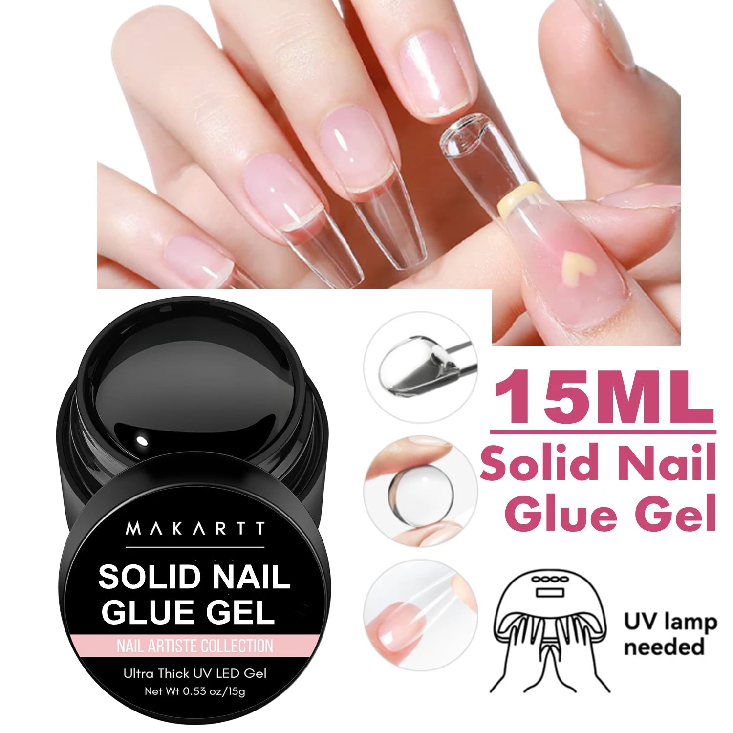 Makartt solid nail glue gel with application instructions and product details.