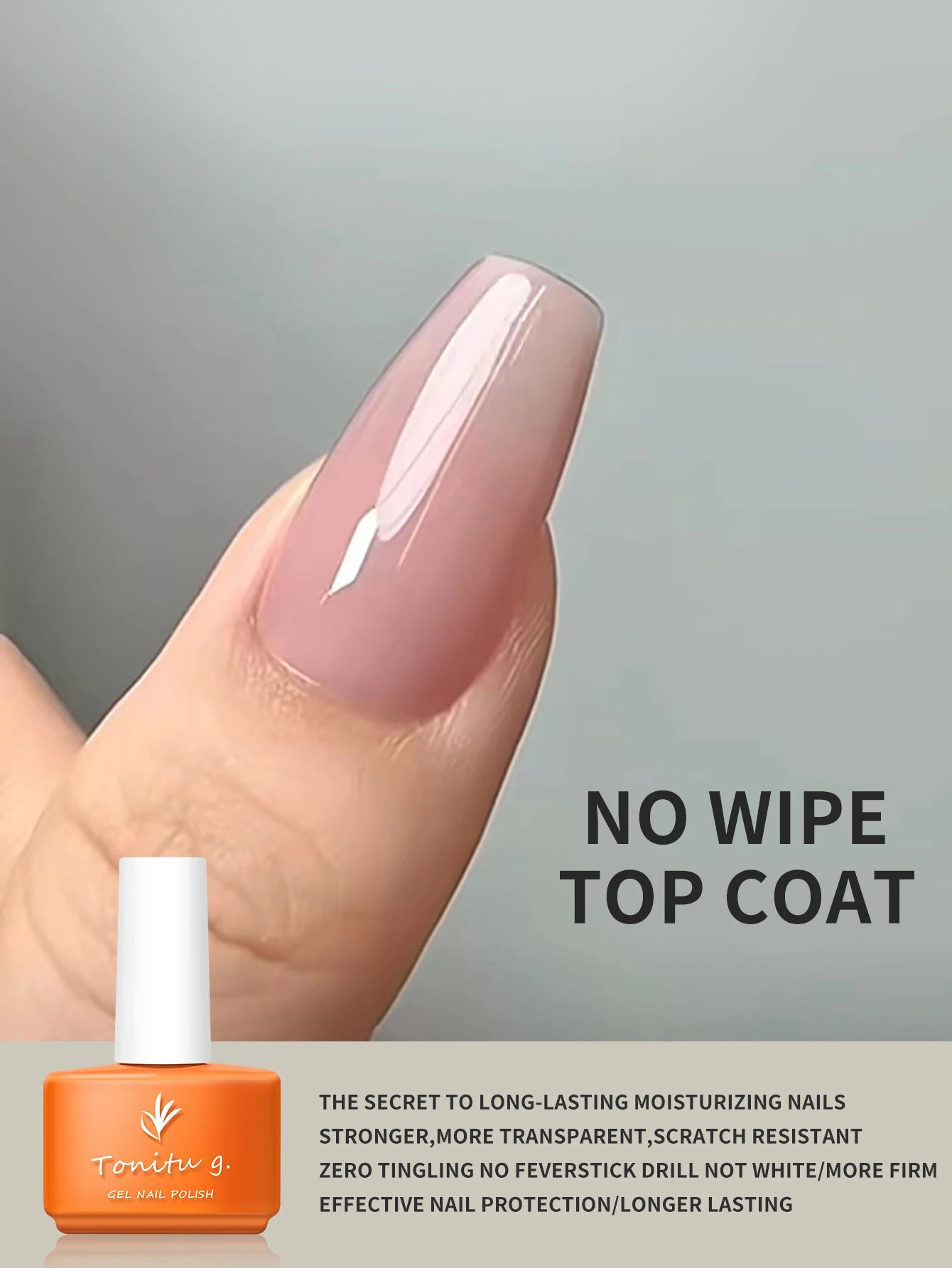 Nail with a pinkish-brown color and an orange nail polish bottle labeled 'No Wipe Top Coat' on a gray background.