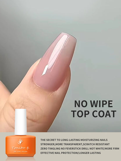 Nail with a pinkish-brown color and an orange nail polish bottle labeled 'No Wipe Top Coat' on a gray background.