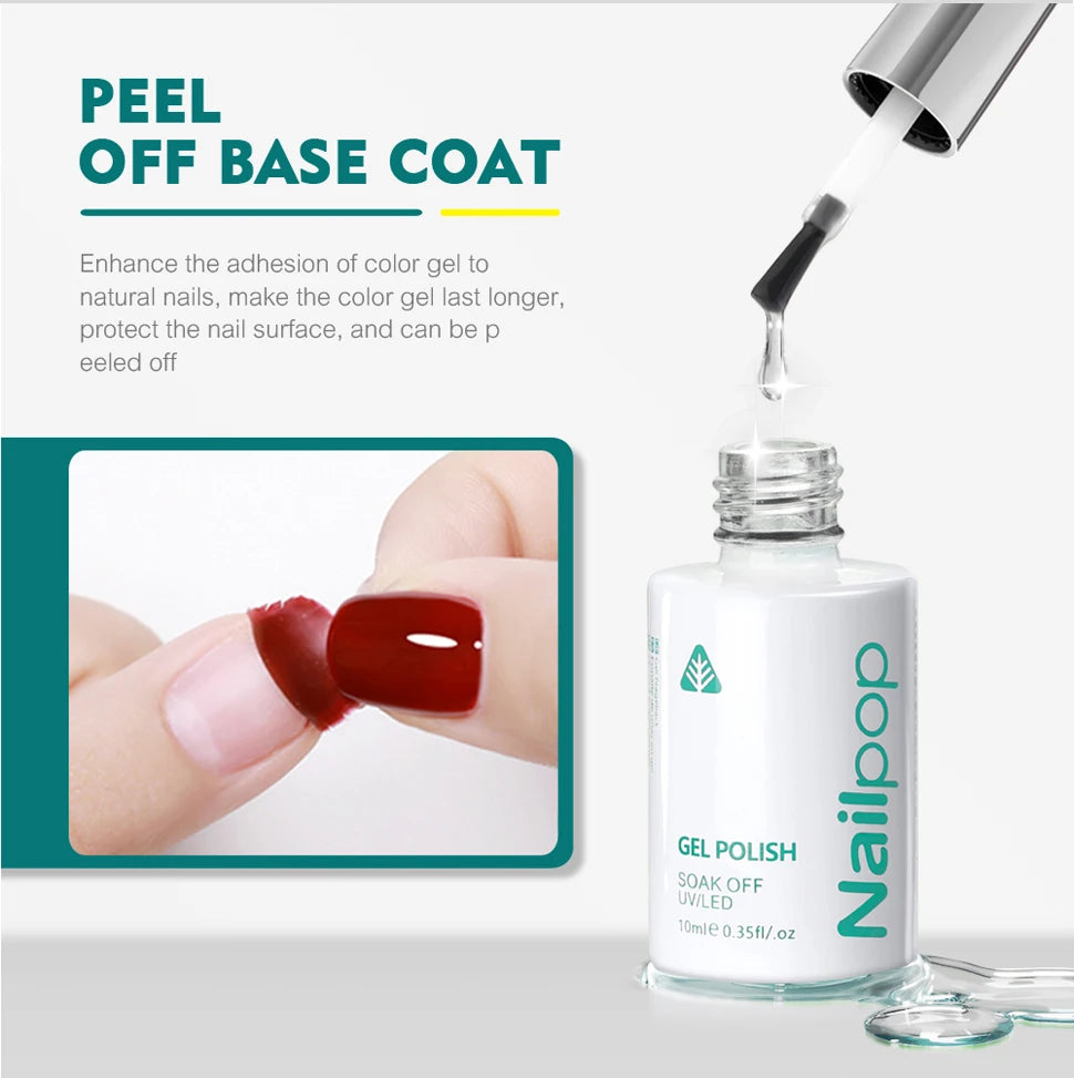 Nail pop gel polish bottle with a dropper and text about peel off base coat.