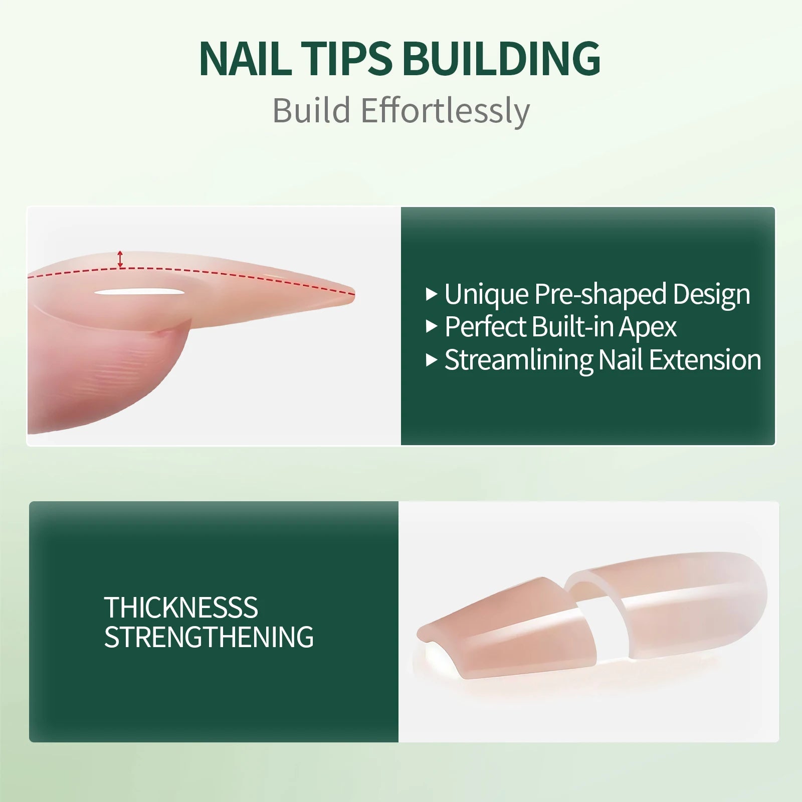 Nail tips building product with pre-shaped design and streamlining features on a green and white background.