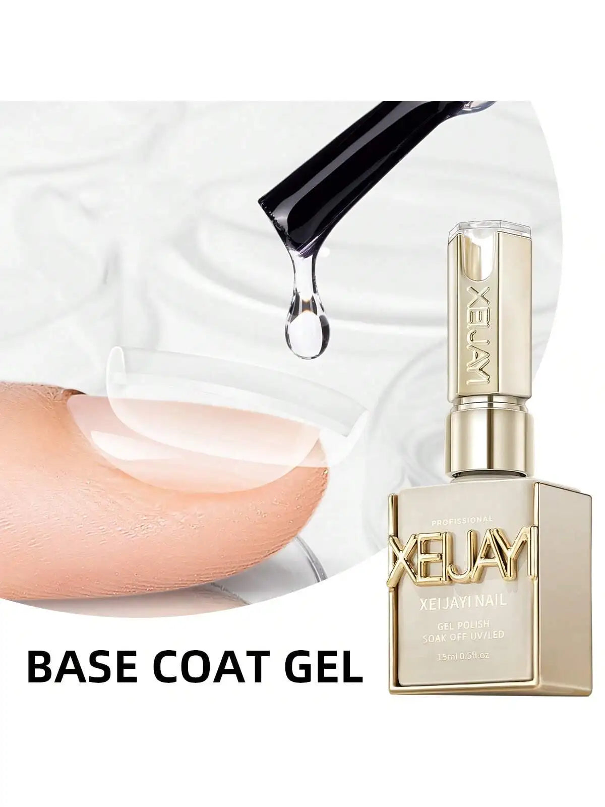 XEUVEX base coat gel bottle with a droplet of gel and a close-up of a painted nail.