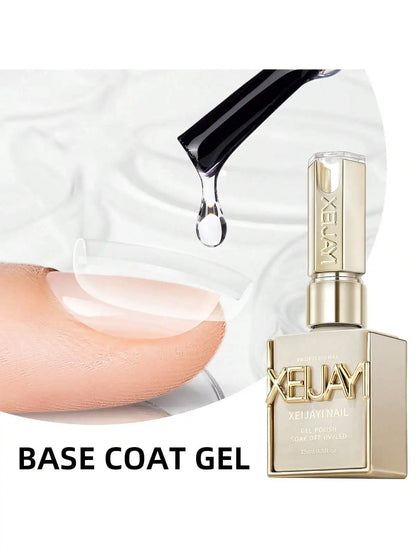 XEUVEX base coat gel bottle with a droplet of gel and a close-up of a painted nail.