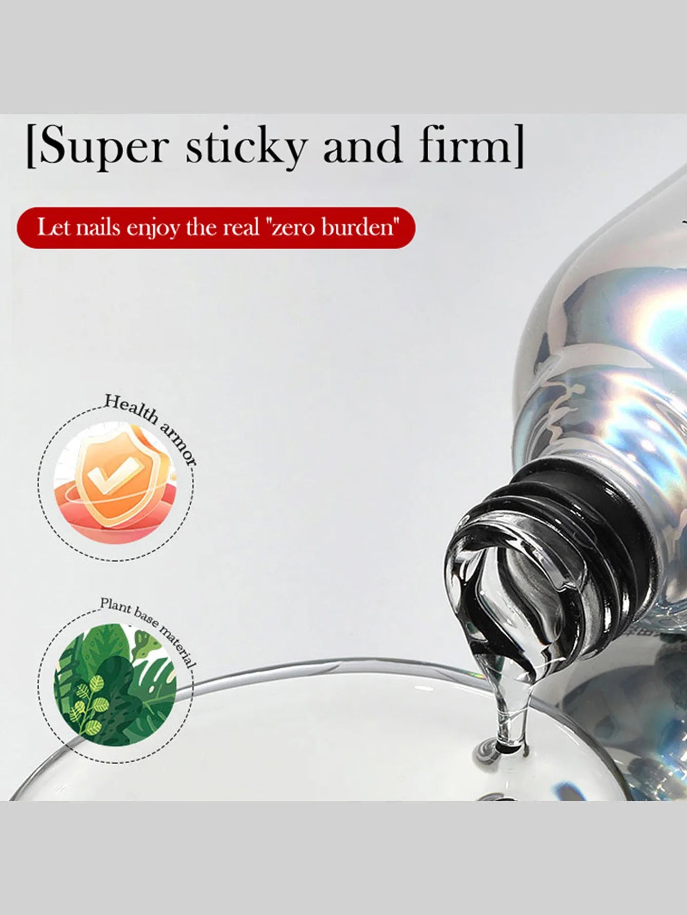 Bottle of nail polish with a droplet on a white background, featuring text about nail health.