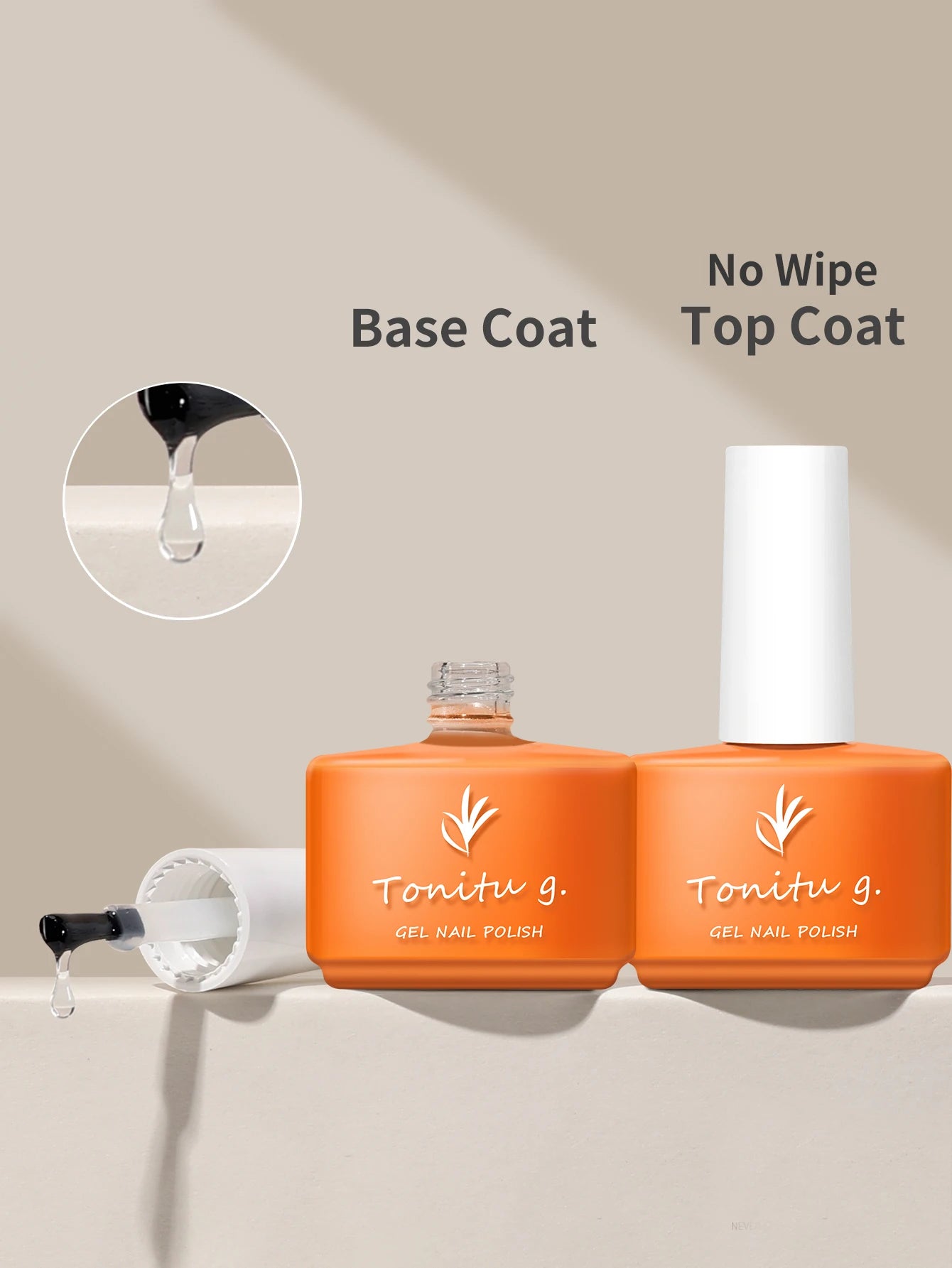Two bottles of Tonitu g. gel nail polish with a close-up of the base coat application on a beige background.