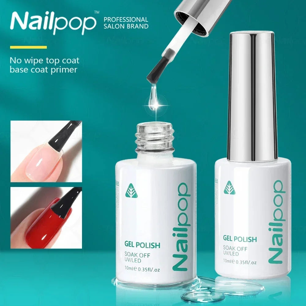 Nailpop gel polish bottles with a dropper and close-up of nails being painted on a teal background
