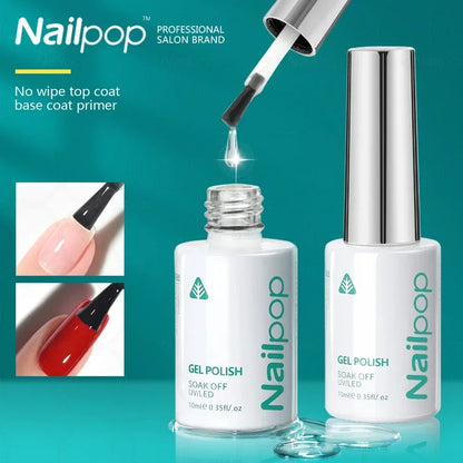 Nailpop gel polish bottles with a dropper and close-up of nails being painted on a teal background