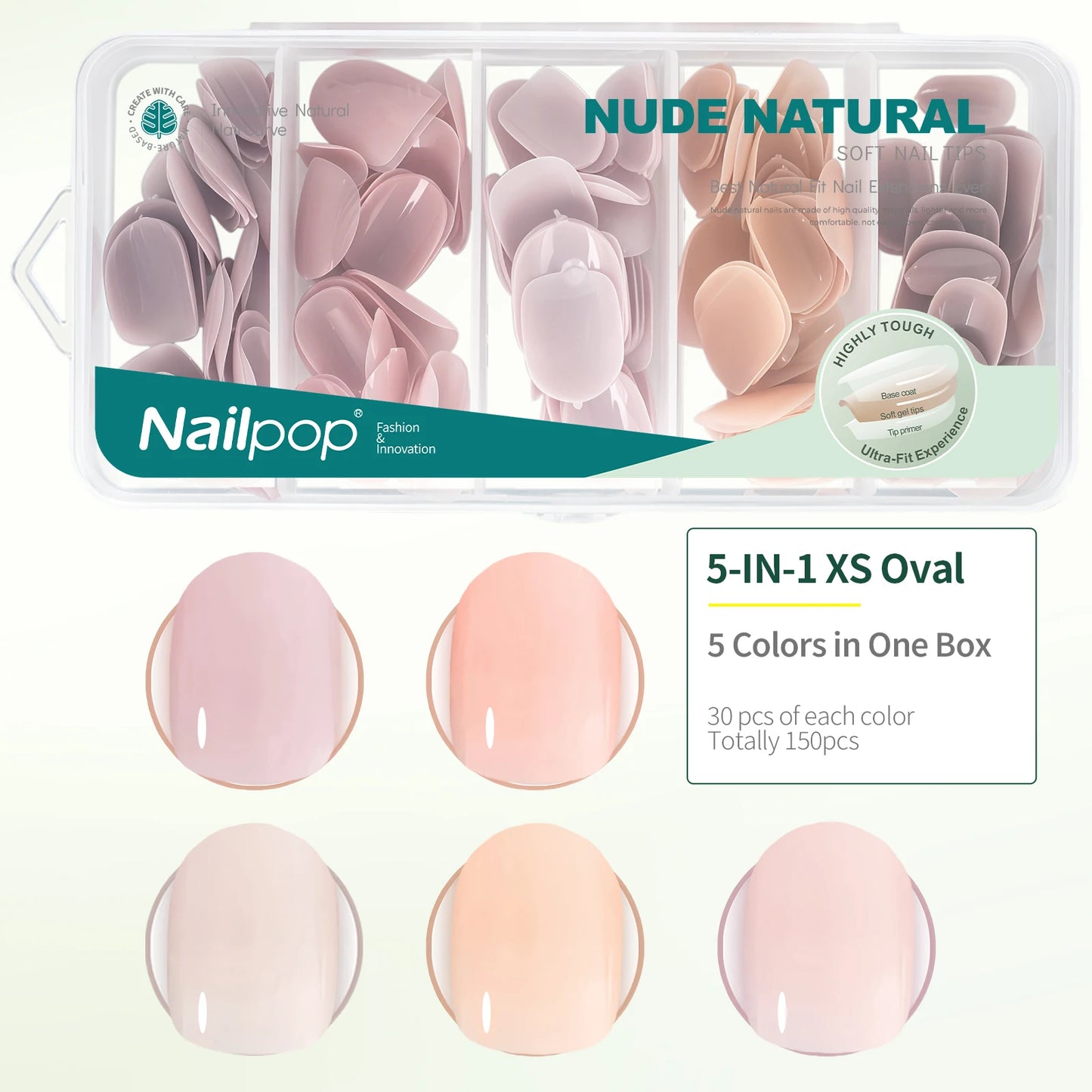 Nail pop 5-in-1 XS Oval nail art tips packaging with nude natural colors.