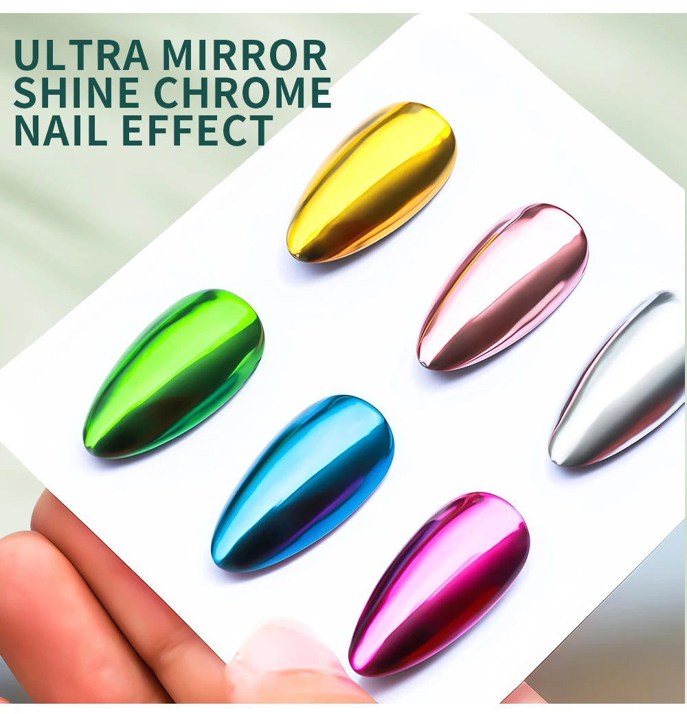 Set of ultra mirror shine chrome nail effects on a white card.