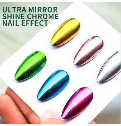 Set of ultra mirror shine chrome nail effects on a white card.