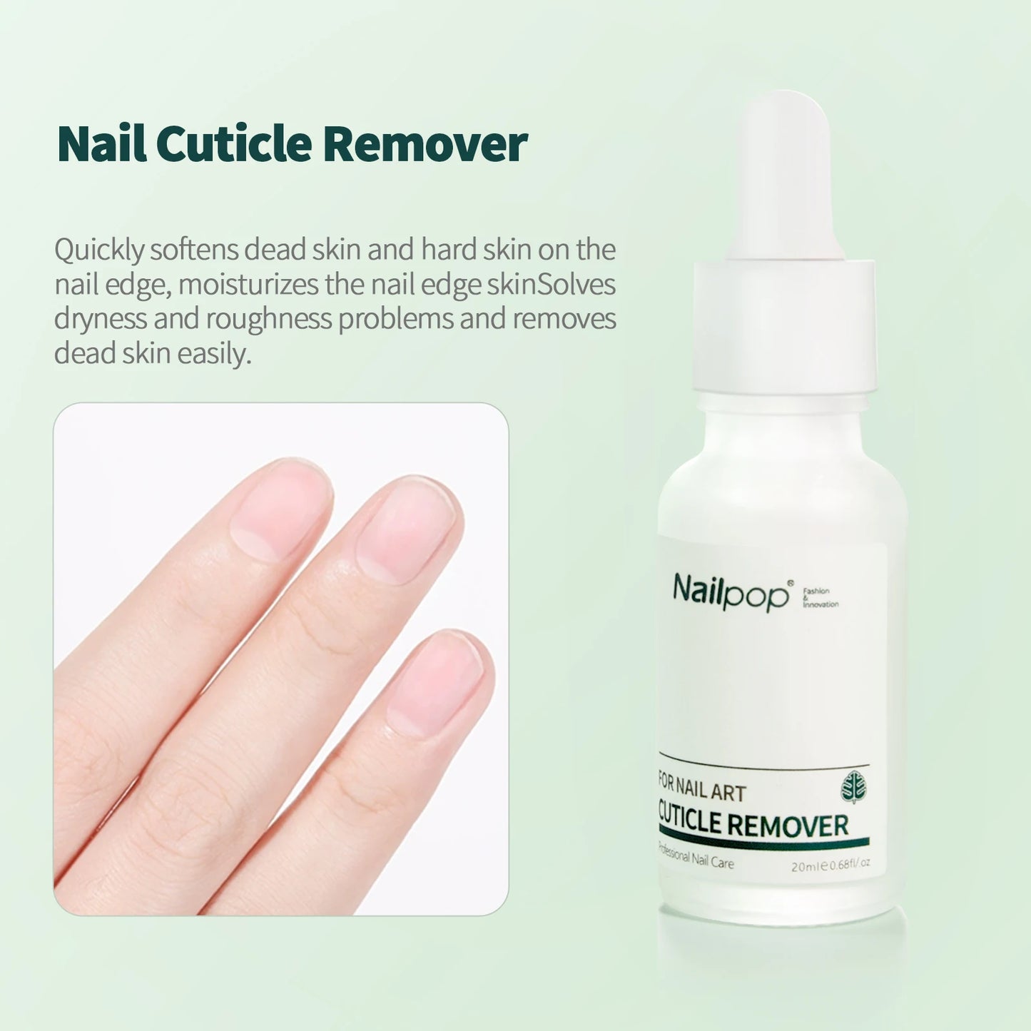 Nail Cuticle Remover bottle with text on a light green background