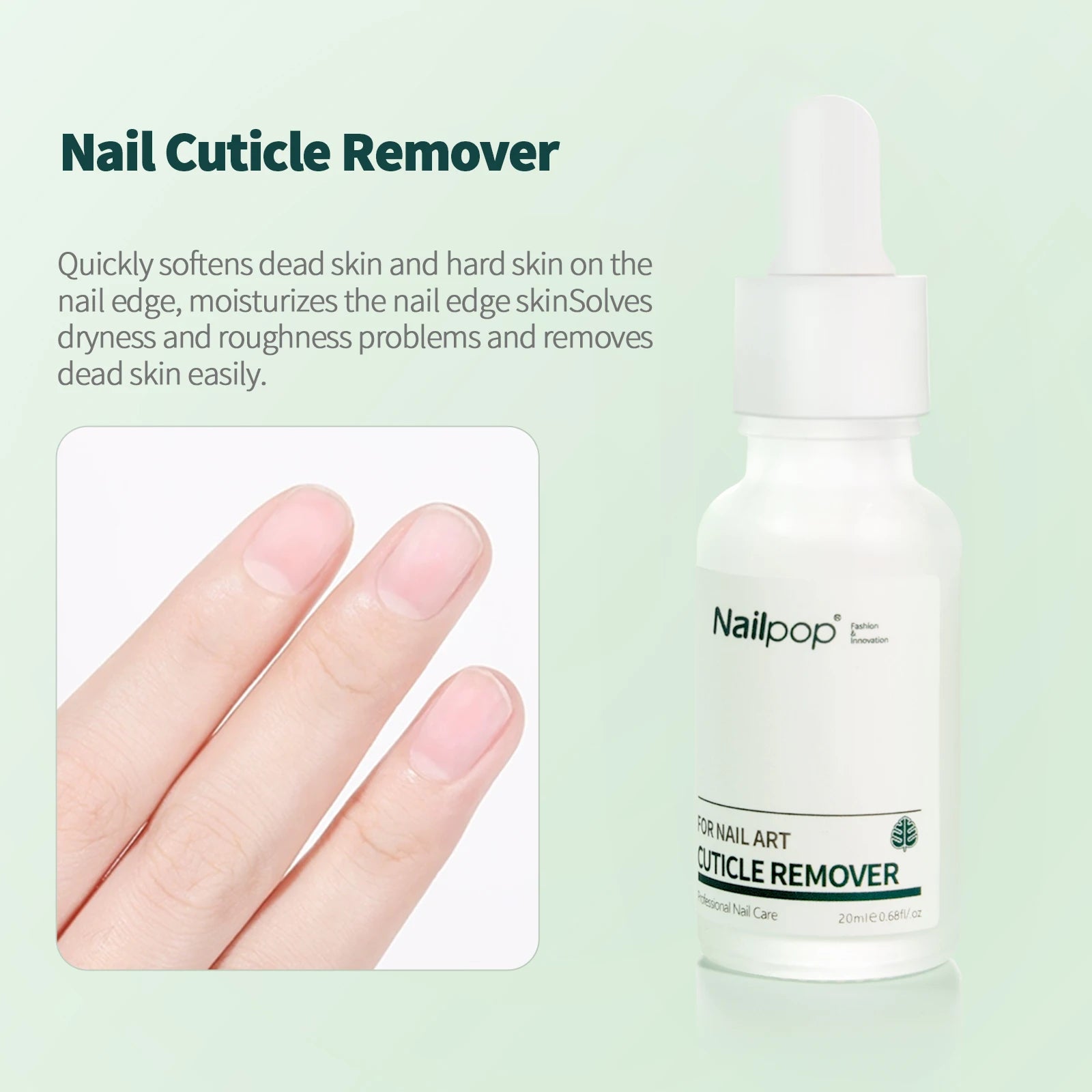Nail Cuticle Remover bottle with text on a light green background