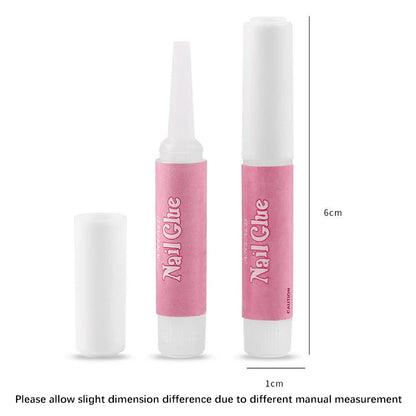 Two bottles of nail glue with pink caps and white bodies on a white background.