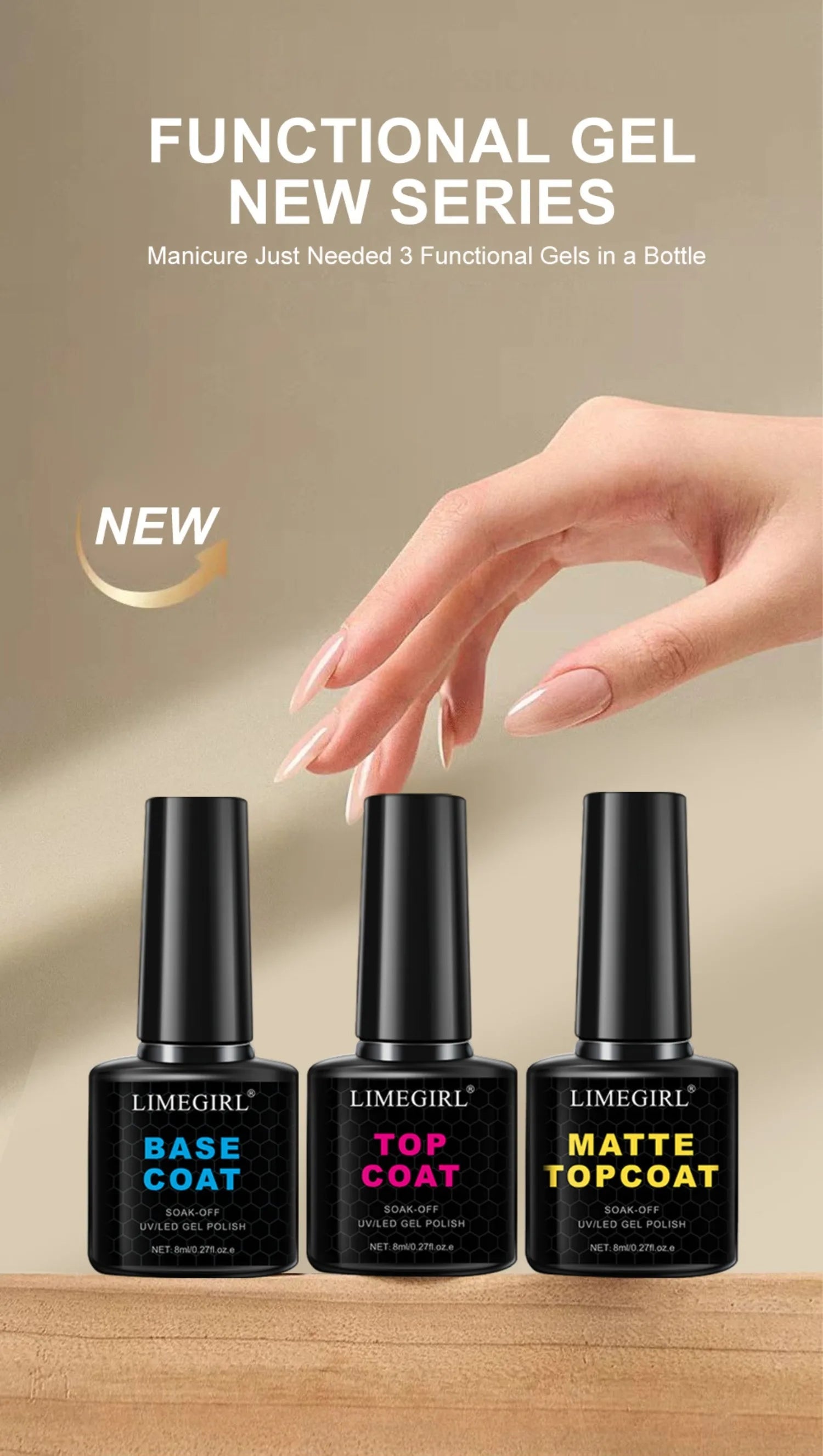 Three LimeGirl gel nail polish bottles with a hand showcasing nails painted with a white color.