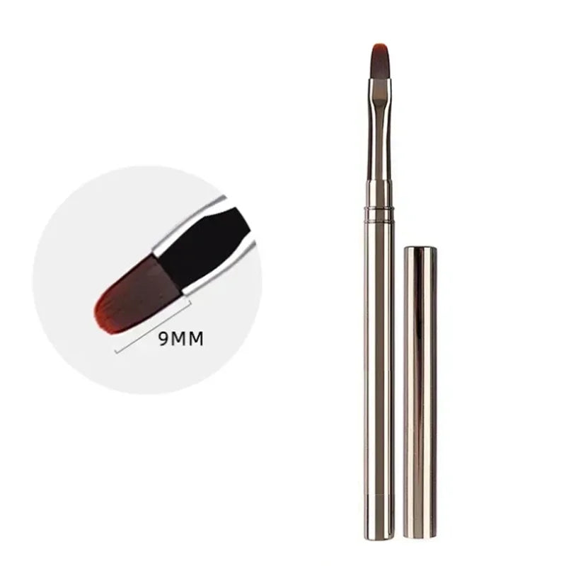 Makeup brush with a white handle and red bristle tip, shown open and closed on a white background.