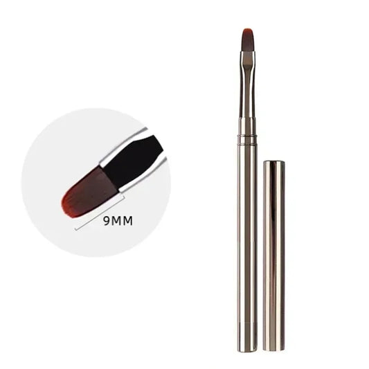 Makeup brush with a white handle and red bristle tip, shown open and closed on a white background.