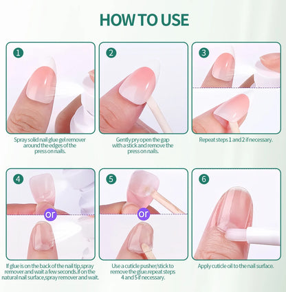 Step-by-step guide on how to use nail glue remover with visual instructions.