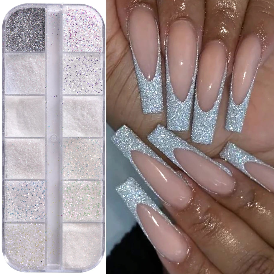 12 Grid White Sugar Iridescent Nail Glitter Flakes Set