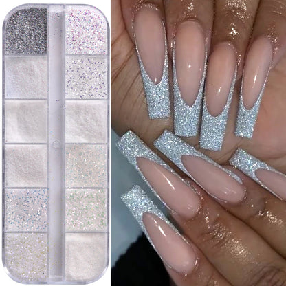 12 Grid White Sugar Iridescent Nail Glitter Flakes Set