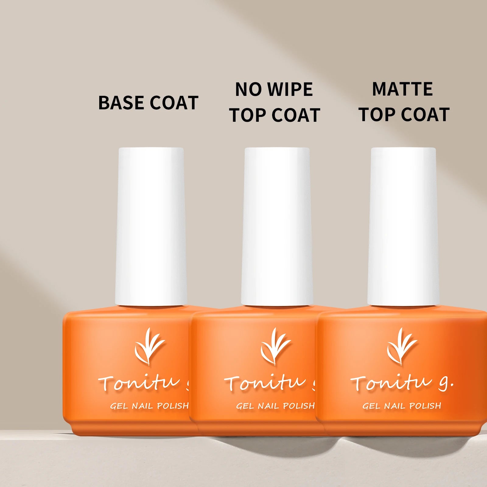 Three bottles of Tonitu gel nail polish with labels for base coat, no wipe top coat, and matte top coat on a beige background.