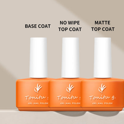Three bottles of Tonitu gel nail polish with labels for base coat, no wipe top coat, and matte top coat on a beige background.