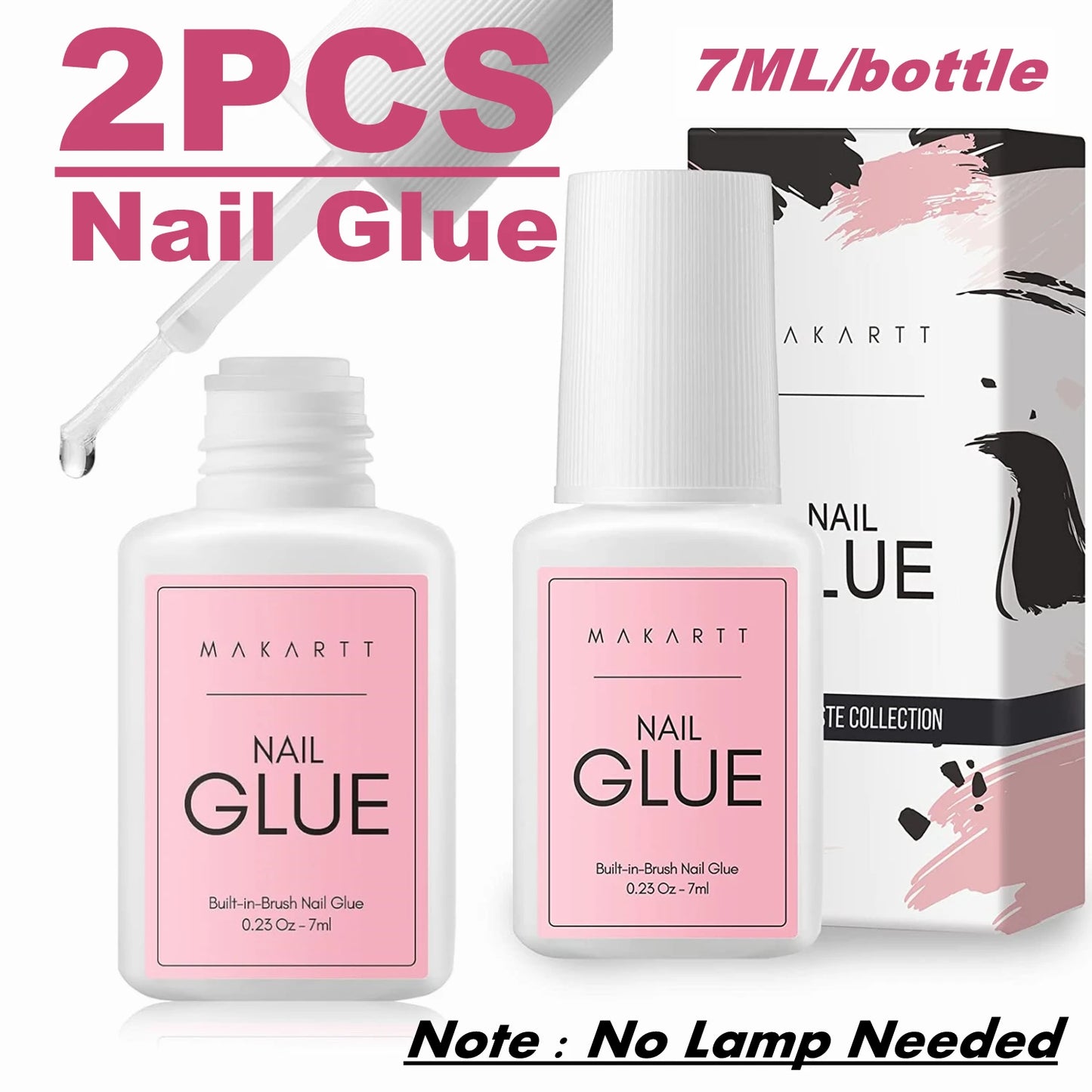 Two bottles of Makartt nail glue with a box in the background on a white background.