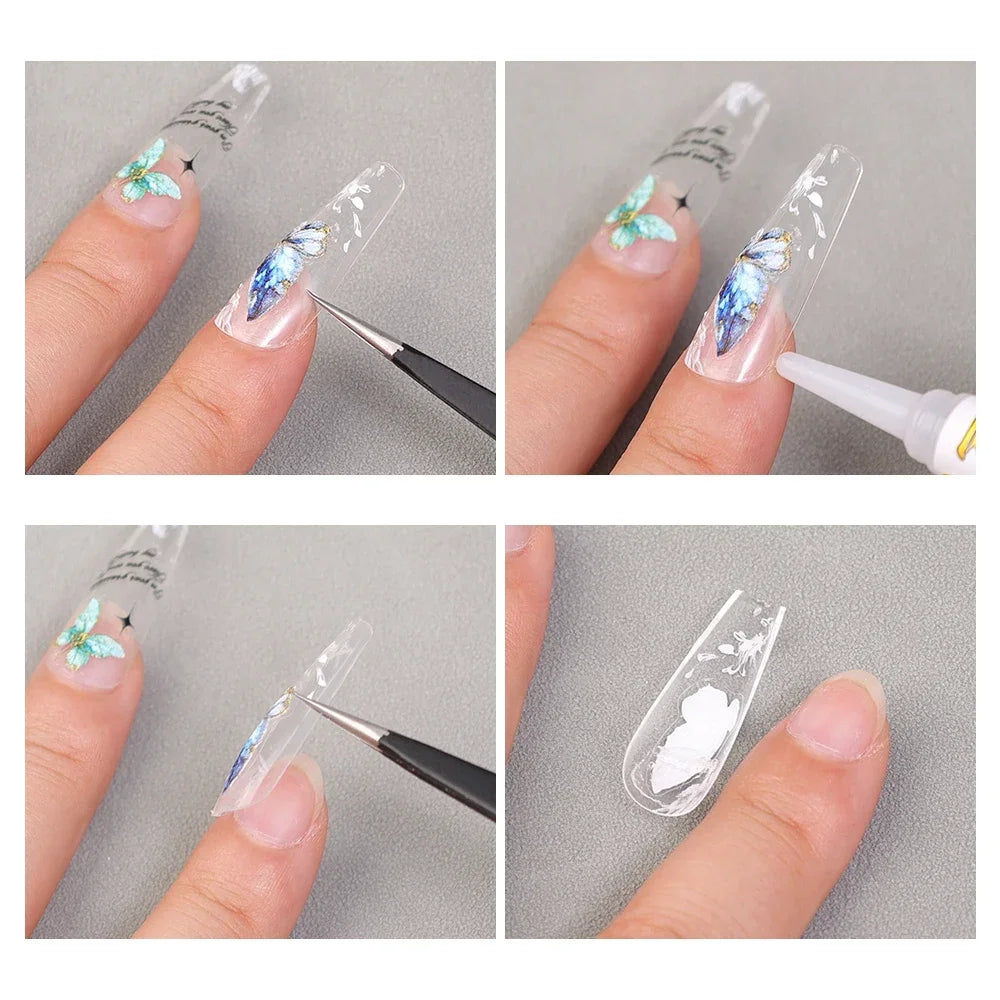 Step-by-step process of applying nail art design with tools on a gray background
