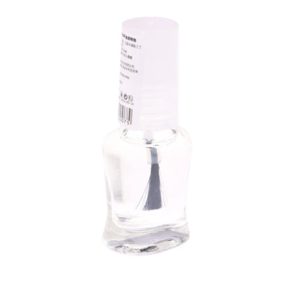 Clear nail polish bottle with visible label on a white background
