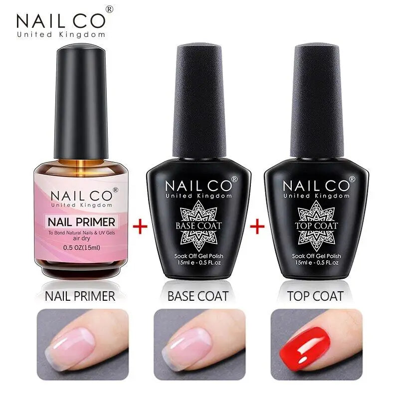 Nail Co nail polish bottles with primer, base coat, and top coat on a white background.