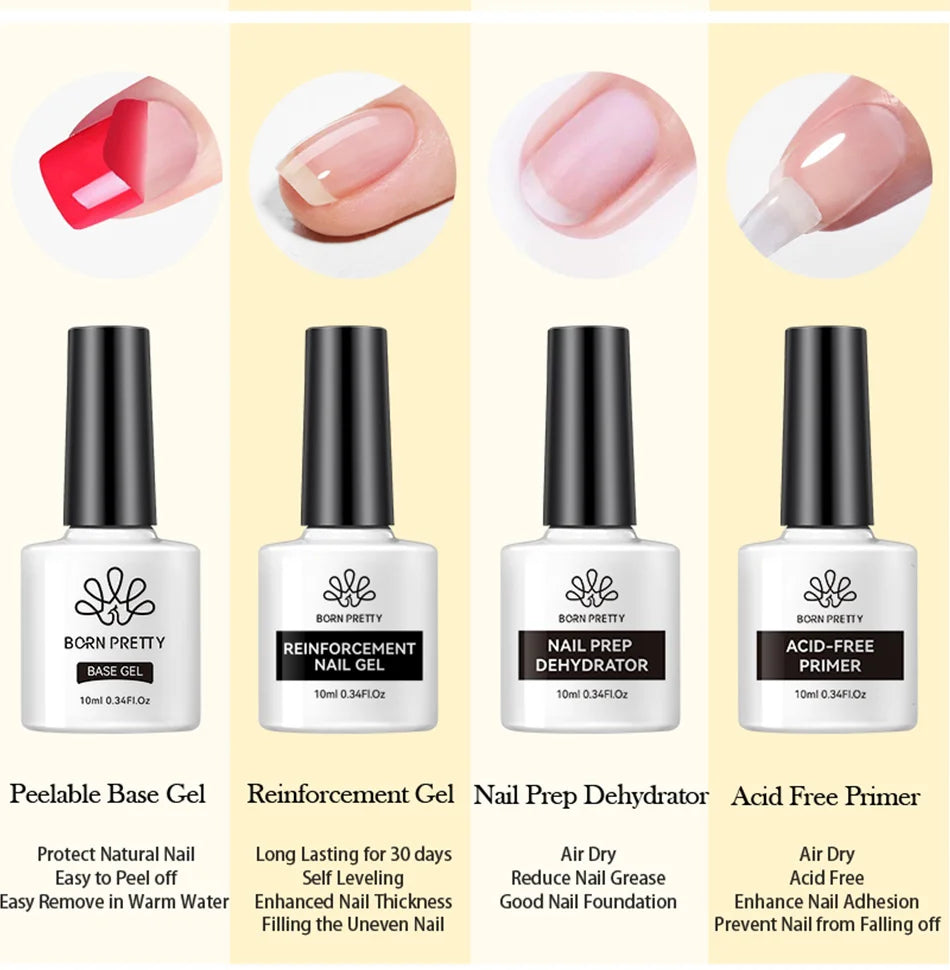 Set of Born Pretty nail gel products with descriptions on a light yellow background