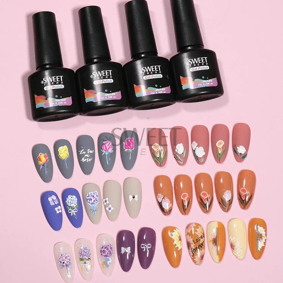 Set of nail polish bottles labeled 'Sweet' with matching nail designs on a pink background