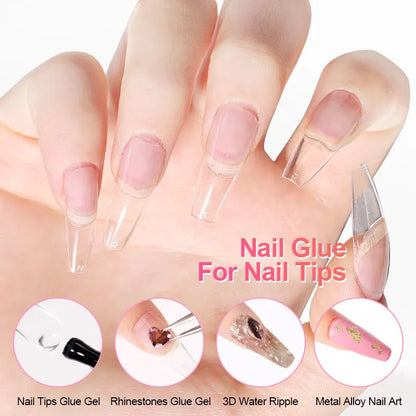 Hand with clear nail tips and promotional text for nail glue, with inset images of nail art techniques.