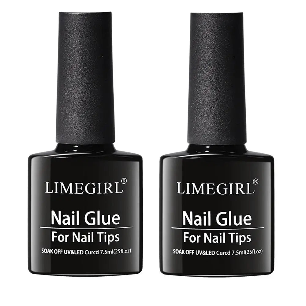 Two bottles of Limegirl nail glue for nail tips on a white background
