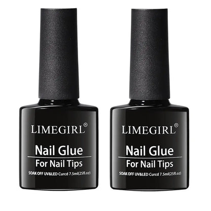 Two bottles of Limegirl nail glue for nail tips on a white background