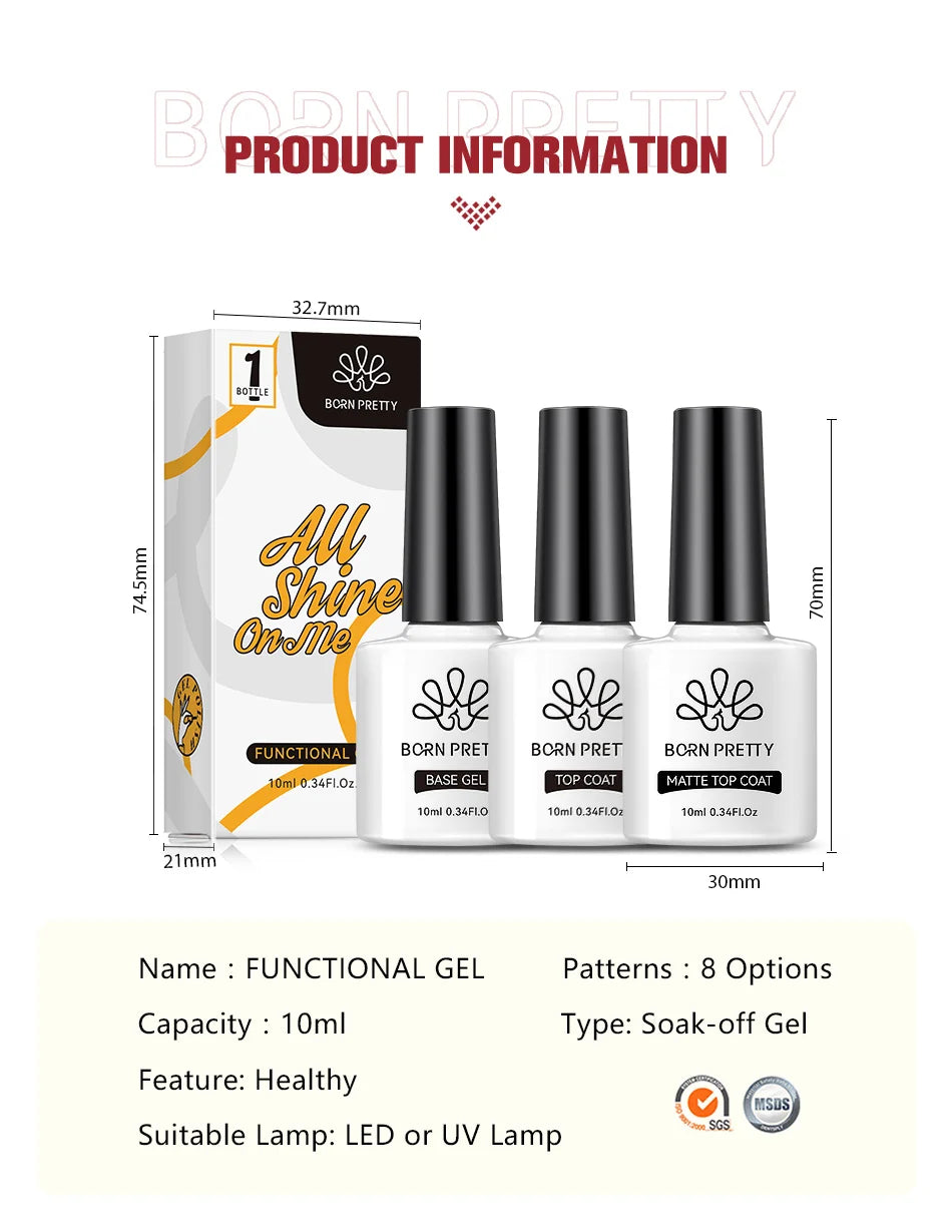 Born Pretty nail gel product set with packaging and dimensions on a white background