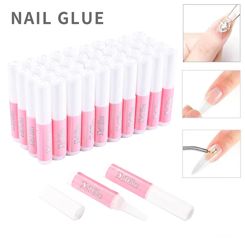 Multiple bottles of nail glue with pink caps and white bodies, displayed on a white background.