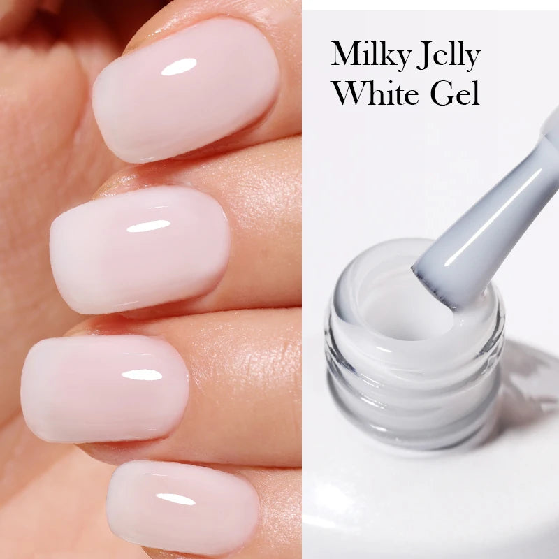 Nails with Milky Jelly White Gel polish and a bottle of the gel.