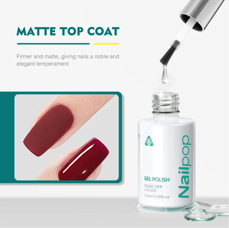 Nail polish bottle with a dropper and a close-up of red nail polish on a white background.