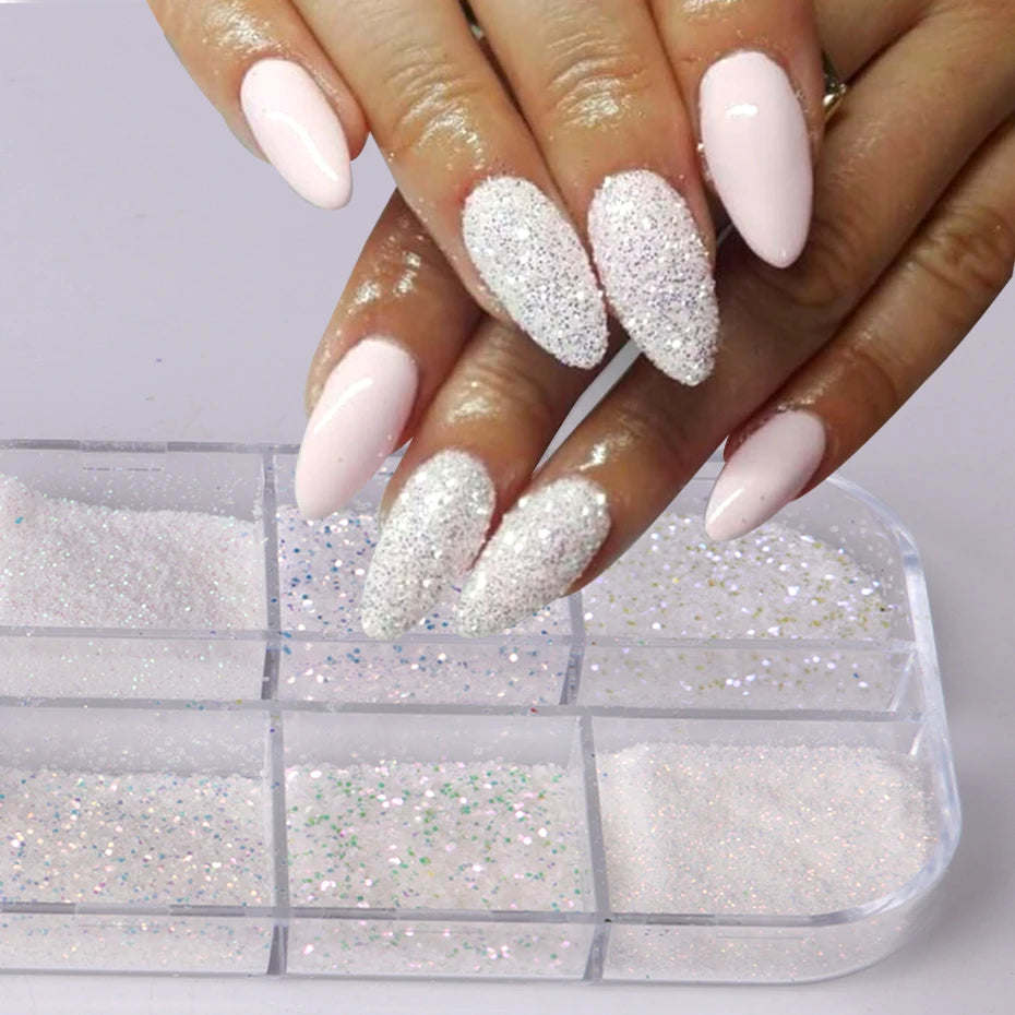 12 Grid White Sugar Iridescent Nail Glitter Flakes Set